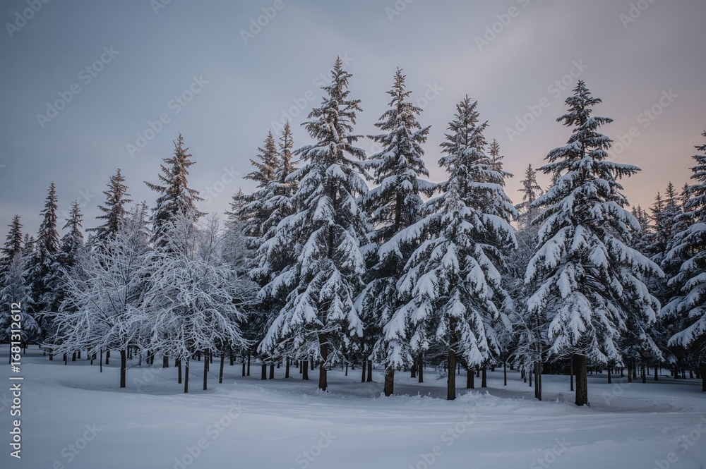 Fototapeta premium Snow-covered woodland scenery in winter