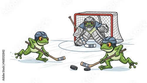 Photography Frog Hockey Tournament: A fun and whimsical scene of frogs playing hockey on a rink, filled with energy and playful competition
