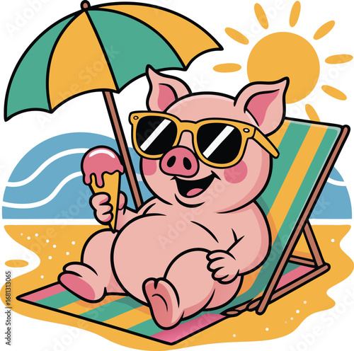 Happy pig enjoying summer at the beach with sunglasses and a beach chair flat cartoon illustration