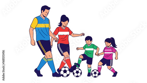 Family Fun on the Field: A joyful family, united by a shared passion for soccer, showcases a vibrant illustration of togetherness and active living.