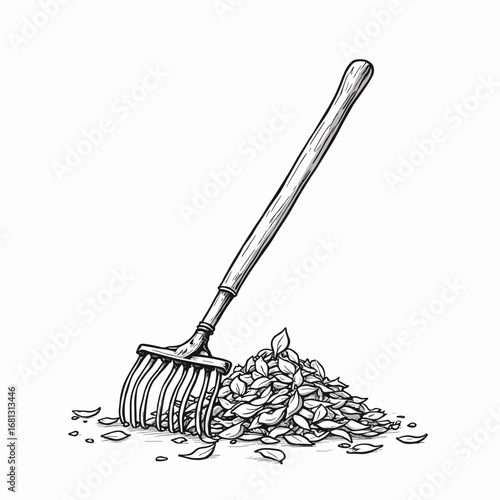Garden rake next to a pile of leaves on a white background  