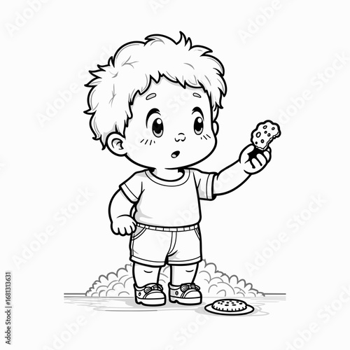 Toddler reaching for cookie while standing on floor with crumbs