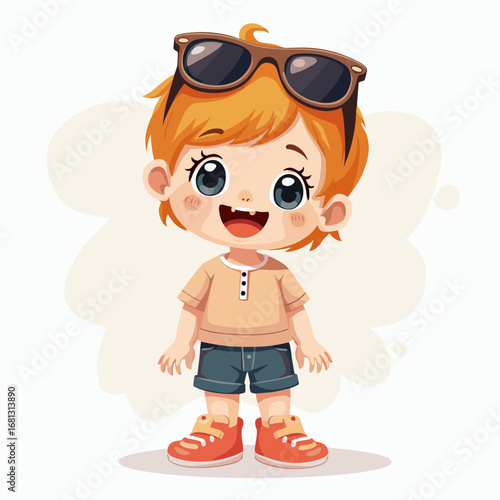 Toddler boy smiling and wearing sunglasses in casual outfit  