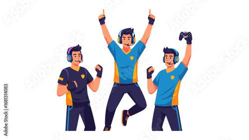 Triumphant Esports Gamers: A dynamic illustration capturing the jubilation of a victorious esports team, their hands raised in exultation, headphones on, and game controllers in hand.
