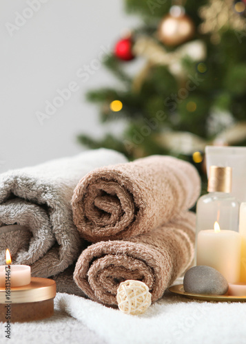 spa composition on the table and Christmas accessories. Skin care. Vertical photo format