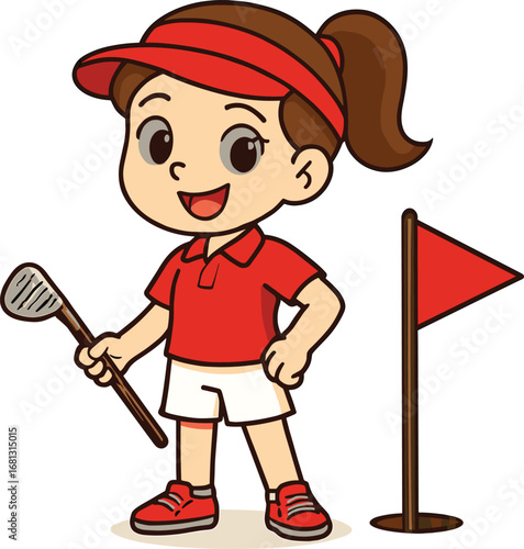 Smiling girl golfer wearing a visor, holding a golf club next to a flag and hole, ready to play.