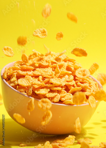 Delicious cornflakes falling into a plate on a colored background.