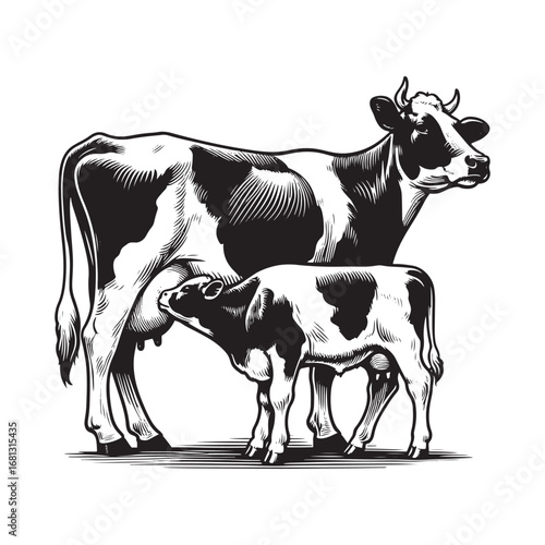 Black and White Vector of Dairy Cow Feeding Milk to Calf – Easy Tracing Farm Illustration