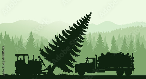 Forestry industry concept showing heavy machinery at work. Silhouette vector illustration of a tractor felling a large pine tree by a logging truck