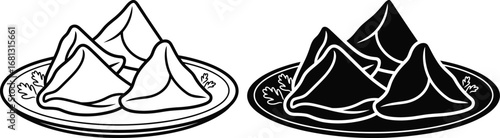Two samosas on plates in black and white line art style