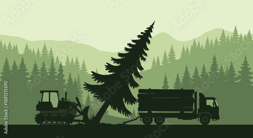 Forestry and lumber industry vector concept showing tree felling with a bulldozer and truck in a mountain landscape