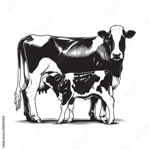 Black and White Vector of Dairy Cow Feeding Milk to Calf – Easy Tracing Farm Illustration