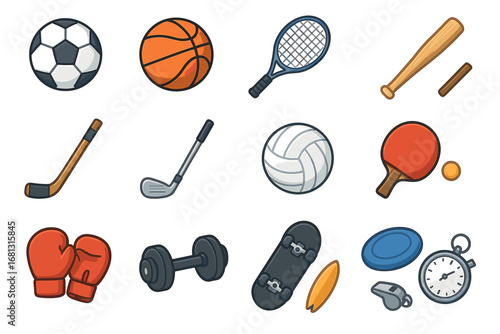 Variety of sports equipment icons featuring balls, bats, and accessories