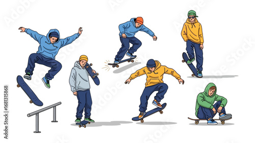 Skateboarder: A vivid illustration showcases a skateboarder in a dynamic display of movement, performing a sequence of tricks that embody the energy of urban action.