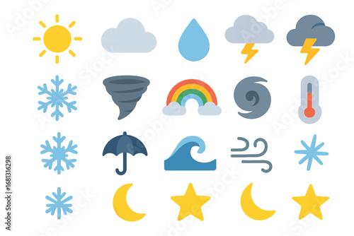 Colorful weather icons: sun, cloud, rain, storm, snow, umbrella, rainbow, hurricane