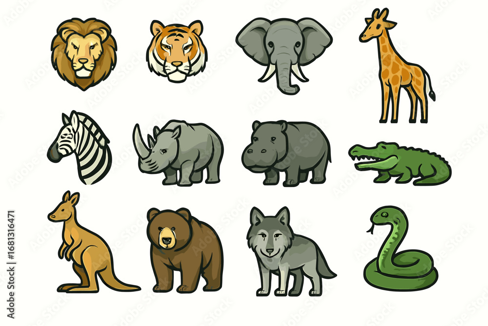 Fototapeta premium Cartoon safari animals collection: lion, tiger, elephant, giraffe, zebra, rhino, hippo, crocodile, kangaroo, bear, wolf, snake