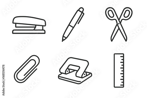 Essential office supplies: stapler, pen, scissors, paperclip, hole punch, ruler