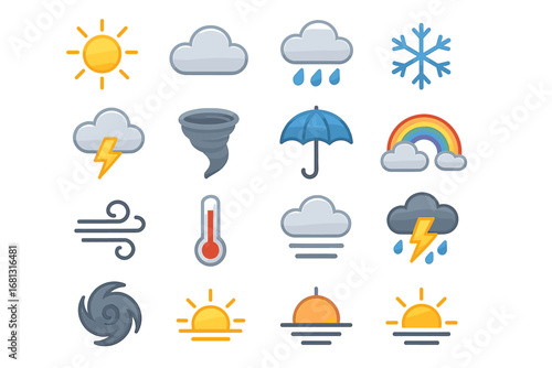 Colorful weather icon set including sun, cloud, rain, snowflake, tornado, and umbrella