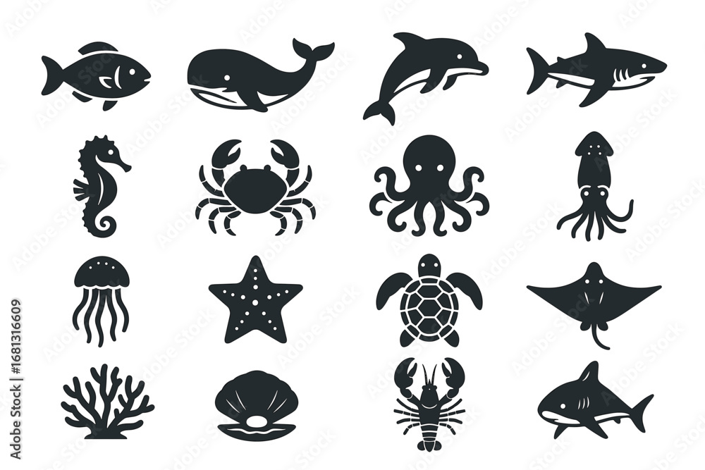 Fototapeta premium Sea life icons: fish, whale, dolphin, shark, seahorse, crab, octopus, squid