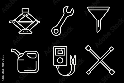 Essential car tools: jack, wrench, funnel, gas can, jumper cables, tire iron icons