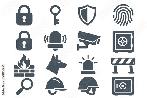 Security icons: key, lock, fingerprint, camera, safe, guard dog, helmet