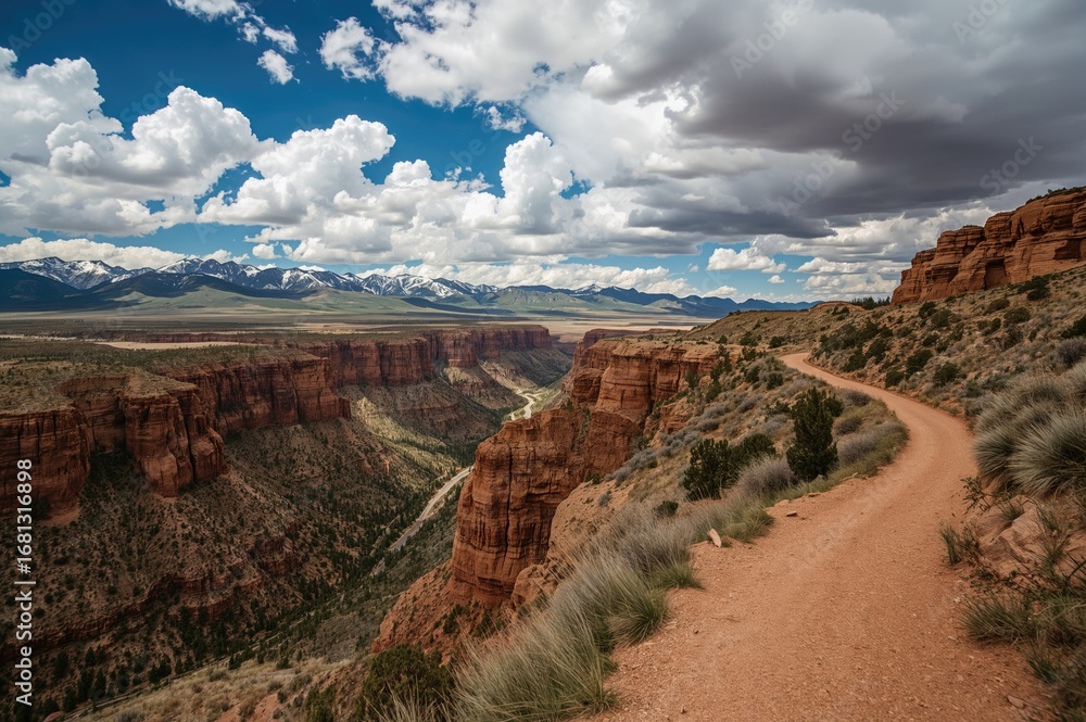 Fototapeta premium A serpentine trail beside towering sandstone walls with expansive cloudy skies above and distant snow-capped mountains enhancing the stunning vista.