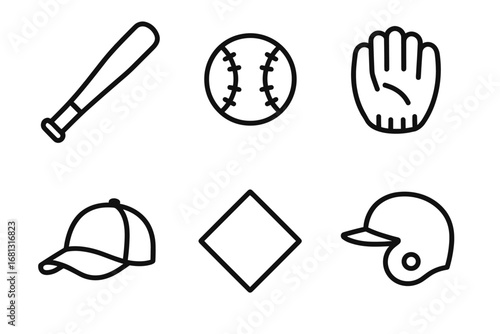 Baseball essentials: bat, ball, glove, cap, diamond, helmet icons