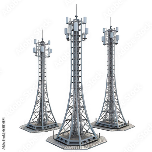 Three modern telecommunication towers with antennas and equipment isolated on transparent background
