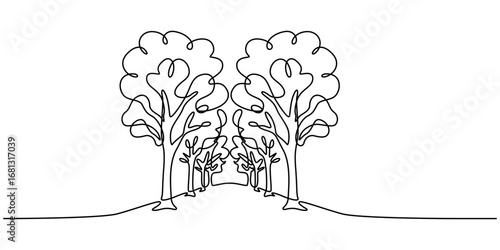 Single continuous line art tree park alley. Outdoors garden landscape design one sketch outline drawing vector illustration, A single line drawing of a tree-lined alley in a park. The artwork shows an