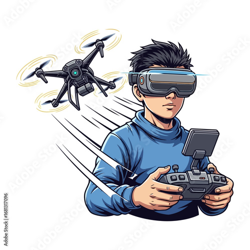 Tech Enthusiast and the Aerial Spectacle: A young tech enthusiast, immersed in a virtual reality headset, controls a drone with a handheld controller.