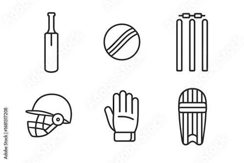 Outline icons of cricket equipment including bat, ball, wicket, helmet, glove, and leg guard
