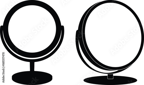 Two oval shaped vanity mirrors with stands on a white background