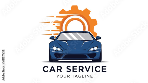 Automotive Repair Logo: A sleek blue car is front and center, ready for service, complemented by the dynamic presence of an orange cogwheel, all representing an emblem of precision and reliability.