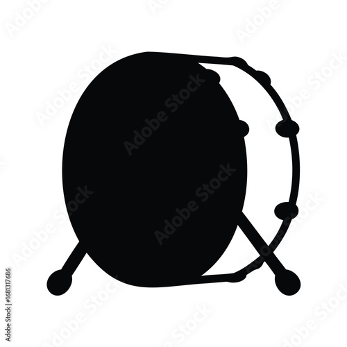 Bass Drum Silhouette Icon - Black silhouette icon of a bass drum on a stand. The simple design shows the round drum body with tuning lugs on the side, commonly used in marching bands, orchestras, and 