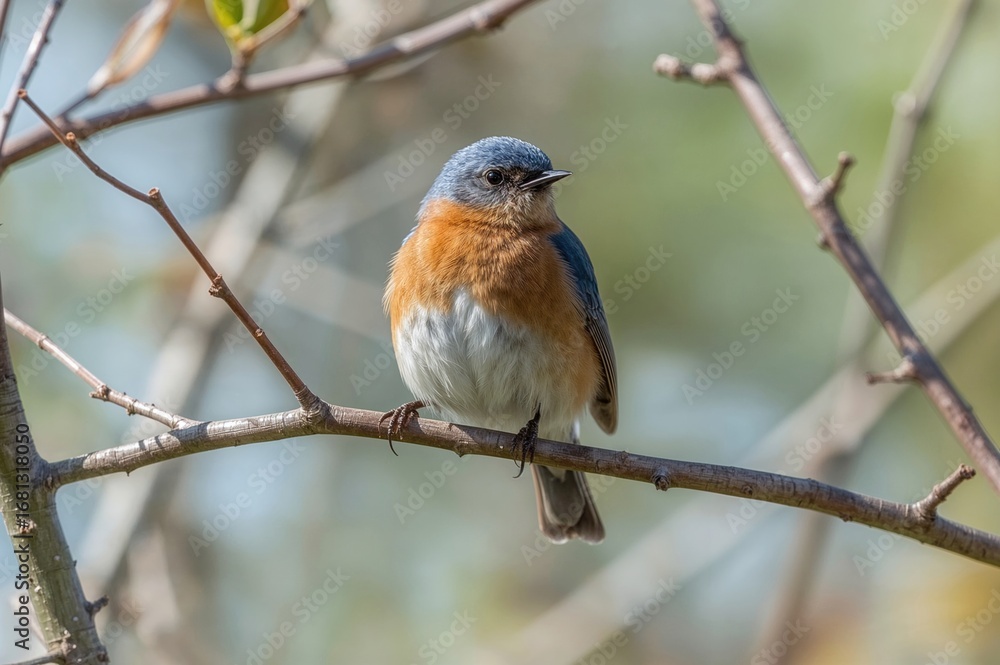Fototapeta premium A Male Bluebird Grooming Itself on a Tree Limb with a Natural Backdrop