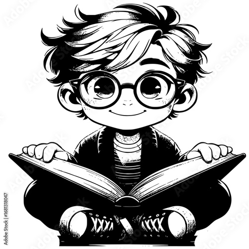 A young cartoon boy with glasses is happily reading a book in an education setting