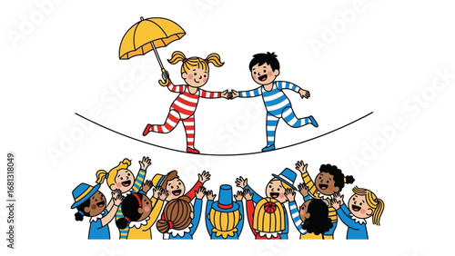Balancing Act: Illustration of children walking a tightrope, fostering the sense of unity and courage amidst a vibrant crowd's support, underscored by an umbrella that brightens the entire picture.