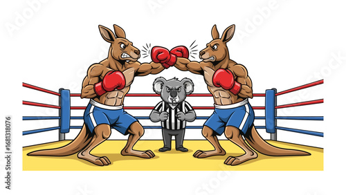 Kangaroo Boxing Match: Two athletic kangaroos engage in a spirited boxing match, their red gloves flashing as the koala referee oversees the action within the colorful boxing ring. 