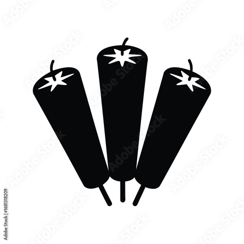 Black silhouette of three firecrackers icon - Minimal black silhouette of three upright firecrackers with fuses, symbolizing fireworks, parties, holidays, celebrations, festivals, and pyrotechnics.
