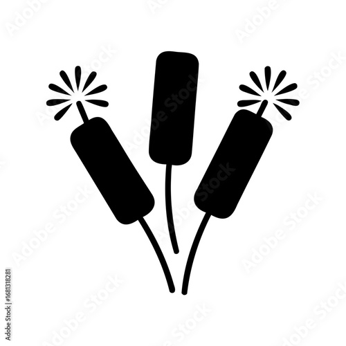 Black silhouette of three firecrackers with sparks - Minimal black silhouette of three lit firecrackers with sparks, symbolizing fireworks, celebration, holidays, parties, festivals, and pyrotechnics.