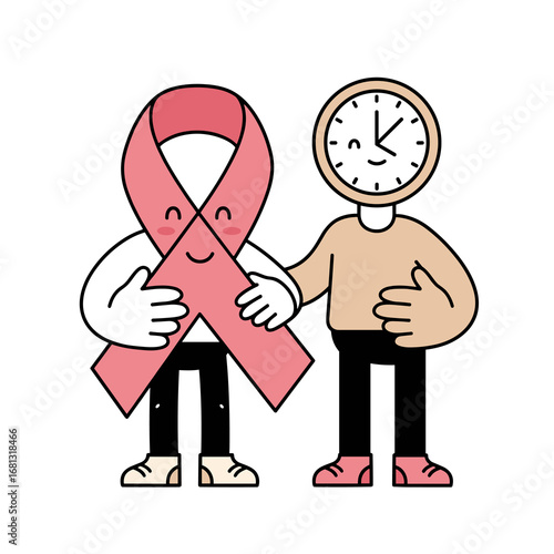 Pink ribbon with human clock character holding support