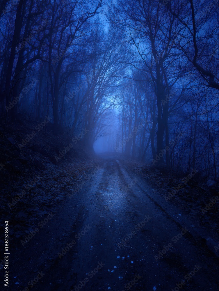 Obraz premium Eerie foggy forest road with bare trees in blue tones atmospheric moody landscape photography