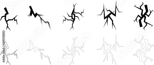 "Broken crack floor icon set representing structural damage, symbol of destruction fracture, minimal black vector design showing cracked surface, abstract shattered ground effect for industry themes,