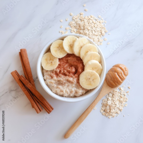 Overhead shot of oatmeal breakfast bowl with banana slices cinnamon peanut butter and cinnamon sticks on marble surface