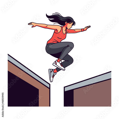 Urban Free Runner's Leap: A dynamic illustration captures a female free runner mid-jump, embodying urban agility and the thrill of movement between city structures. 