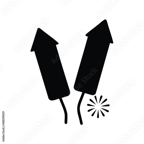Black silhouette of two firework rockets - Minimal black silhouette of two rocket-style fireworks with lit fuse, symbolizing celebration, parties, holidays, festivals, and explosive entertainment.
