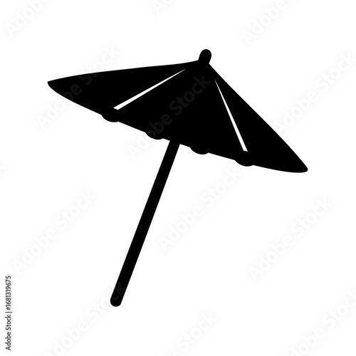 Black silhouette of cocktail umbrella stick - Minimal black silhouette of a cocktail umbrella with canopy details, symbolizing tropical drinks, summer parties, bar culture, and celebrations.
