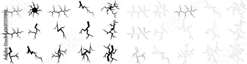 "Broken crack floor icon set representing structural damage, symbol of destruction fracture, minimal black vector design showing cracked surface, abstract shattered ground effect for industry themes,