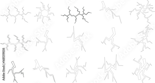 "Broken crack floor icon set representing structural damage, symbol of destruction fracture, minimal black vector design showing cracked surface, abstract shattered ground effect for industry themes,