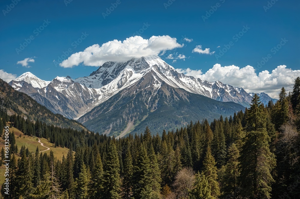 Fototapeta premium Hiking trail leading to a snowy mountain base camp with trees and forest scenery